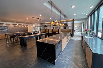 Recreation room w/ fireplace, lounge space  and banquet seating